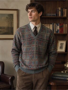 Checkered Plaid Men’s Wool Mohair Knit Sweater Grandpacore Rustic Cabin